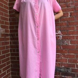 Vintage Elegant Lady Lightweight Button Front Nightgown Pink with White Polka Do